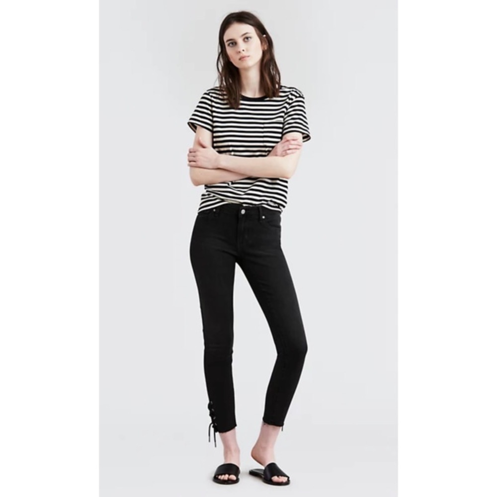 Levi’s 711 Skinny Ankle Lace Up Jeans Washed Black Raw Hem Size 29